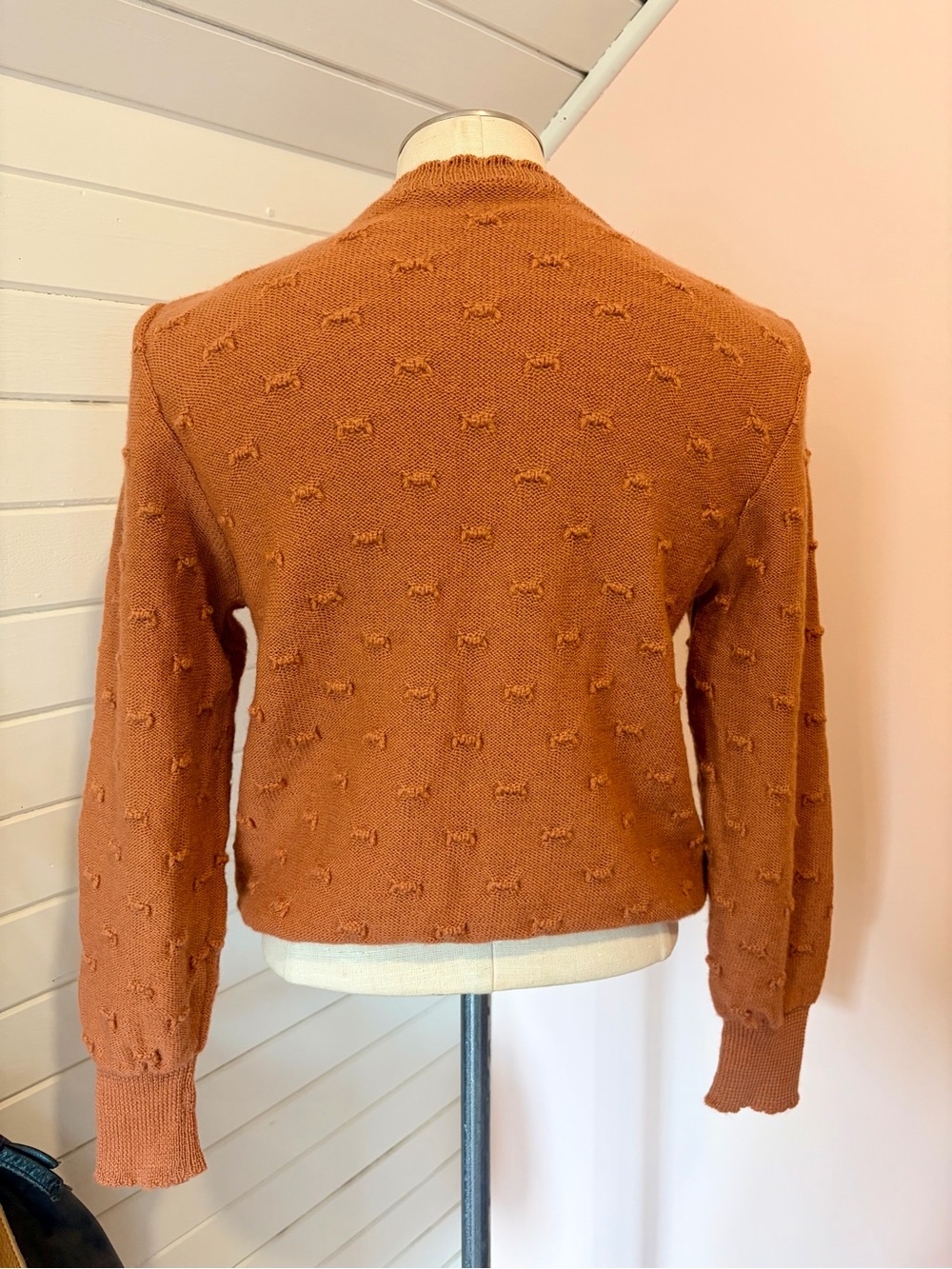 Vintage Rose Crewneck Sweater with Cream Floral Yoke, Size Small - Picture 4 of 7